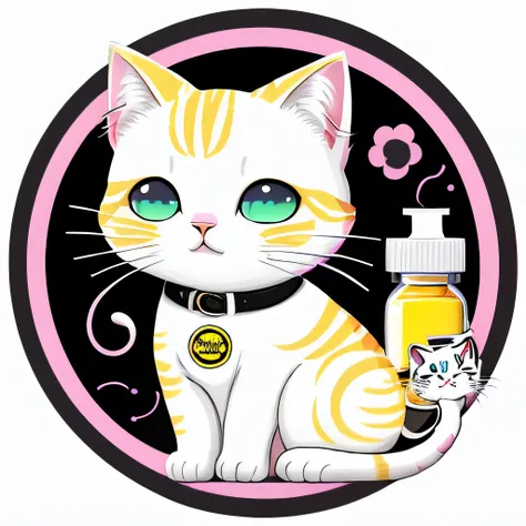 round logo. there is a yellow and white cat holding a bottle of nail polish, liquid cat, cat theme logo, cat design, , pastel electric sticker design, new vaporwave, hq whiskers, cat illustration, white striped gold cat, simple, steam waves. black and whit...