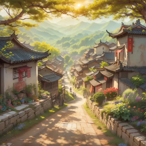 A country road stretches into the distance，Chinese village in the distance，and the sun was shining brightly