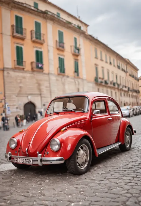 a red sports beetle in the city of Rome in Italy.