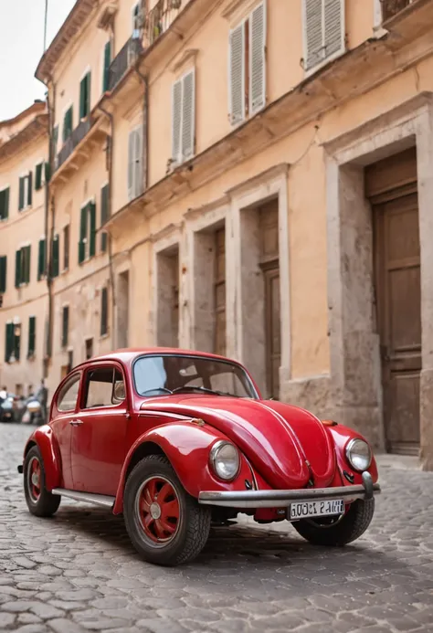 a red sports beetle in the city of Rome in Italy.