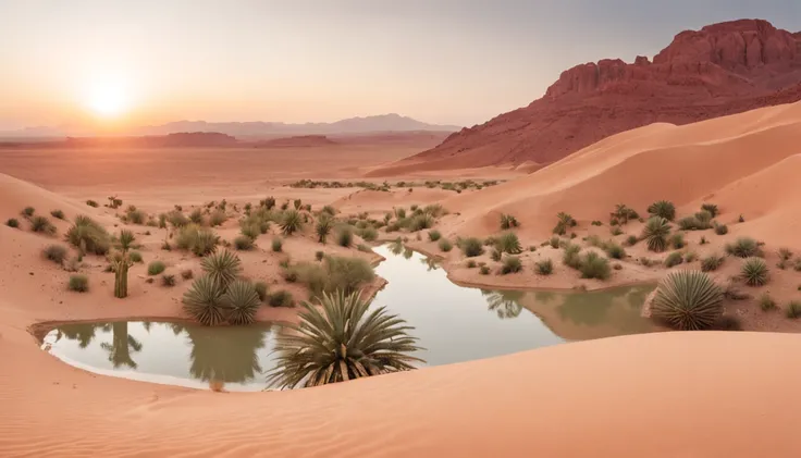 super wide shot，Vast desert，A legendary desert oasis，Sunset，Lake，(zoomout:1.2)，(Greenery:1.2)，The fountain，Fantasy mirage，Surrealist landscape style，national geographicphoto，Hasselblad high detail，cinmatic lighting，reflective light，atmosphric perspective，i...