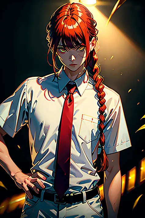 masterpiece, (photorealistic:1.4), best quality, beautiful lighting,
(ulzzang-6500:0.5), makima (chainsaw man), (red hair)+(long braided hair)+(bangs), yellow eyes, golden eyes, ((ringed eyes)), (white shirt), (necktie),
RAW photo, 8k uhd, film grain