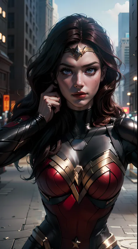 A fusion of Wonder Woman and Black Widow breathtaking extremely hyper-realistic high-definition with SDXL enhancement,combining their costumes, their powers and their characteristics,high definition costume,High Definition Hair and Eyes,Highly hyper-detail...