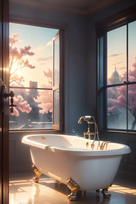 there is a bathtub with soap bubbles in front of a window, beautiful anime scene, beautiful anime scenery, anime beautiful peace scene, 4k anime wallpaper, anime art wallpaper 4 k, anime art wallpaper 4k, anime scenery, ross tran. scenic background, anime ...