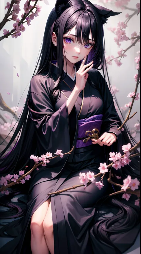 adult man, Long black hair, violet eyes, Thin, black kimono, Masterpiece, hiquality