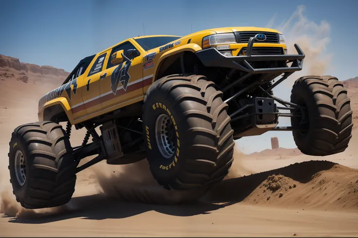 monster truck racing in desert, dust splash