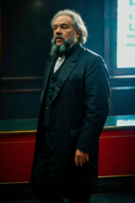 Karl Marx wearing a Chinese style Jacket, Futuristic setting, Cinematic Angle, 8K, Very Detailed