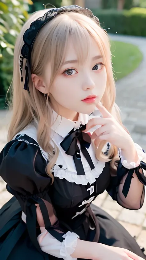 1 Nogizaka Musume、Very cute、a beauty girl、age19、(Gothic Lolita Fashion)、a blond、Looking at Viewer、Beautiful face, eyes and skin with exquisite detail、Fine black shiny hair、Classy ruffles、frilled tie、Ribbon tie、rose hair accessory、(Smile at the camera)、(up ...