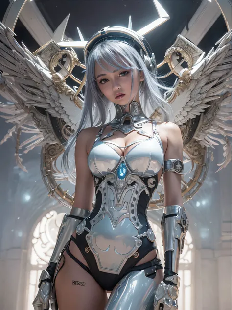 top-quality、tmasterpiece、超A high resolution、(Photorealsitic:1.4)、RAW photo、Steampunk robot angel、Large wing made of metal、White porcelain body、Acrylic transparent cover、whaite hair、glowy skin、1 Cyborg Girl、((Super realistic details))、porate、globalilluminat...