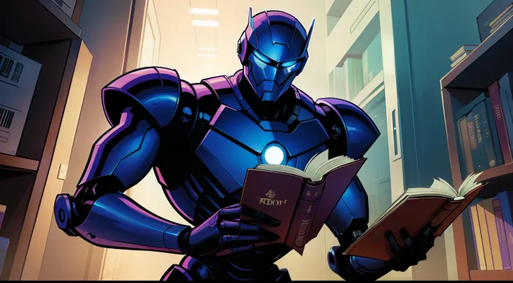 Robot holding a book explaining、Comic style