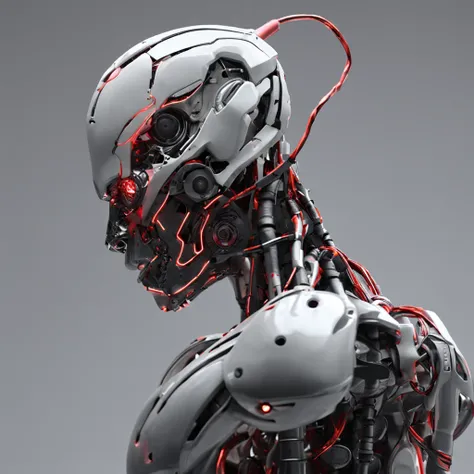 a biomechanical handheld humanoid robot with wires and a slight cold on the face and neck, in a dark room in a dark room with a red light behind it, Cedric Peyravernay, Unreal Engine 5 altamente renderizado, Arte Cyberpunk, Automatistas, foto crua da pele ...