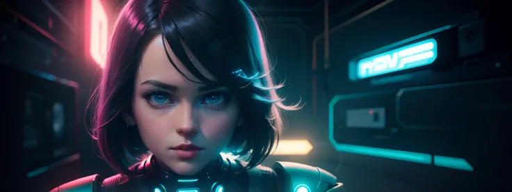 "Cover Photo for YouTube Channel - Artificial Intelligence Exploration, with a nostalgic TV retro style. Dark background with vibrant neon lights featuring a seductive Android girl."