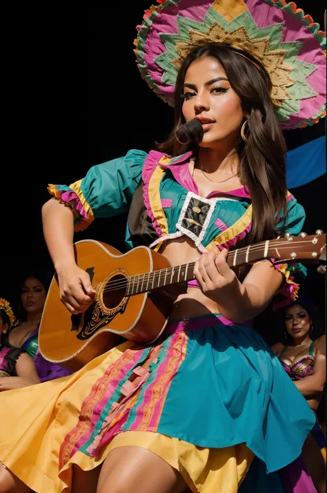 a females mexican Mariachi band showcasing her skills  a vibrant rave.