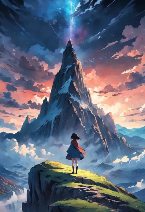 grainy, extremely detailed masterpiece, high-quality depiction of a girl standing on a cliff in front of a majestic mountain