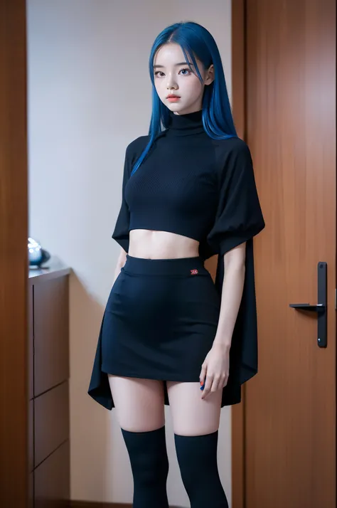 "Full body view of 18 years old Kim Chaewon as a young witch girl with blue red hair. She is standing confidently, with a slight exposure of her midriff and a petite figure. The photo is captured in UHD 4K, exhibiting exquisite details."