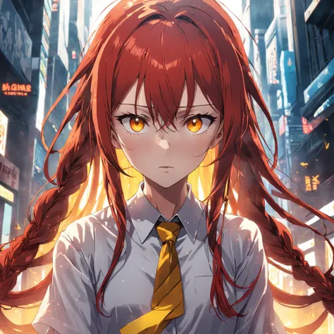 masterpiece, (photorealistic:1.4), best quality, beautiful lighting,
(ulzzang-6500:0.5), makima (chainsaw man), (red hair)+(long braided hair)+(bangs), yellow eyes, golden eyes, ((ringed eyes)), (white shirt), (necktie),
RAW photo, 8k uhd, film grain