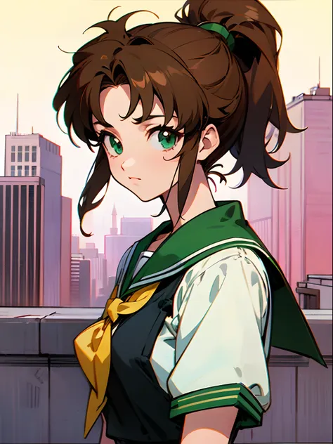 Anime girl, sailor jupiter, makoto kino, green eyes, brown hair, ponytail, 90s, 80s, school uniform, 90s city background