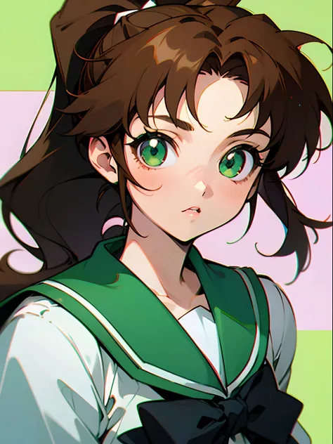 Anime girl, sailor jupiter, makoto kino, green eyes, brown hair, ponytail, 90s, 80s, school uniform, 90s city background