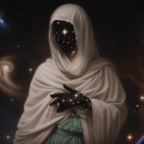 Painting of a woman with a veil and gloves holding a star, Directed by: Dan Hillier, Orientalismo sombrio e sombrio, Estilo Dan Hillier, strange portrait with galaxy, inspirado em Dan Hillier, Disney e Dan Hillier, veiled, portrait of a cosmic entity, astr...