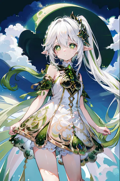 Nahida_Genshin,(White hair),cross-shaped pupils,default_dress,Green cape,simplebackground，themoon，The breath of life，green color，grassy fields，The breath of life，Gentle and powerful divinity，A sense of majesty，Hold a headache and cry，revealing breasts