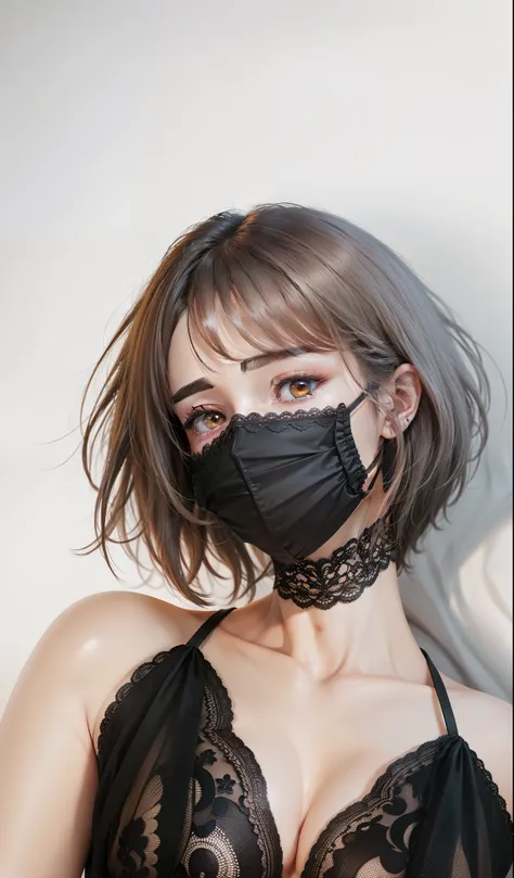 Lots of detail，Super perfect，Professional lighting，white backgrounid，skin textures，Bright eyes，Super real，mouth mask，Lace clothes，Bigchest，White skin and beautiful appearance，Perfect hair details，8K，Photo-real，Hair lengthening