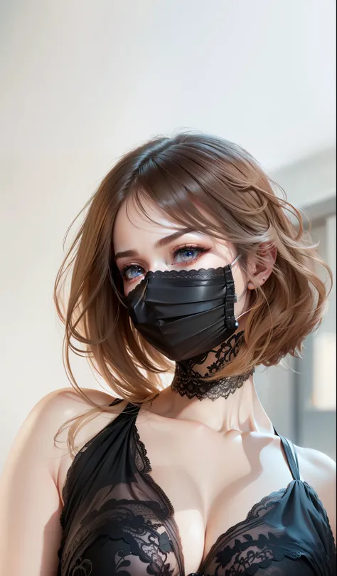 Lots of detail，Super perfect，Professional lighting，white backgrounid，skin textures，Bright eyes，Super real，mouth mask，Lace clothes，Bigchest，White skin and beautiful appearance，Perfect hair details，8K，Solid，Photo-real，Long hair，