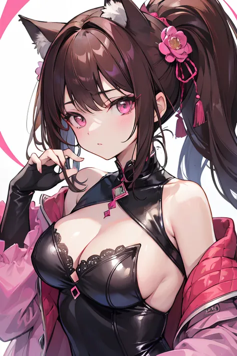 (tmasterpiece)),High quality cat women,Extreme details of the upper body,High-definition 2K,plethora of colors,exquisitedetails.brown haired.poneyTail.Pink eyes