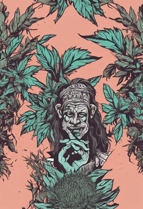 Obra prima, estilo decalque de tatuagem, 2d, estampa para camisa, Face of a Demon resembling an Oni,  com folhas de cannabis ao redor