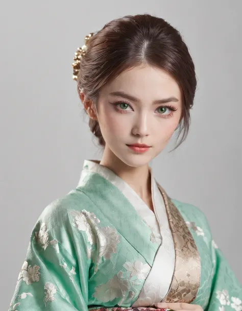 (Beautiful model in Japanese kimono commercial), ((face is 80% (beauty and elegance:1.5), 20% pretty and cute:1.5)), (She is a half Eastern European and half Asian model), ((closed mouth:2)), clear eyes, (detailed eyes, light green eyes, bright pupils), Do...