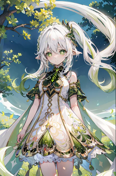 Nahida_Genshin,(White hair),cross-shaped pupils,default_dress,Green cape,simplebackground，themoon，The breath of life，green color，grassy fields，The breath of life，Gentle and powerful divinity，A sense of majesty，Hold a headache and cry，Large breasts