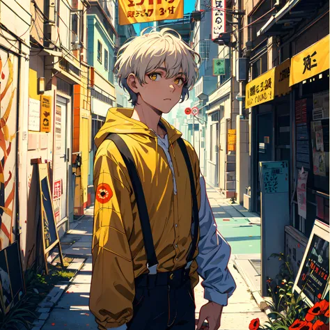 a super cool boy, white short hair, big bright eyes, cool feeling, retro suspender, vintage style, low saturation colors, mottled texture, the yellowed texture, art by Kurahashi Rei, front view, background is a wall composed by newspapers, 8k--ar 3:4，poppy