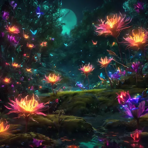 4 small glowing fairies fly around a night forest landscape with beautiful flowers, bushes, sparkling water, moonlighting (extremely detailed CG unity 16k wallpaper), most beautiful artwork in the world, professional majestic oil painting, intricate, high ...