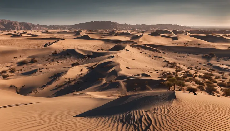 Cinematic images，Thick coating，Ultra-wide viewing angle，eventide，the setting sun，Vast desert，camelstoe：1.4，oases，废墟，The lines are smooth and accurate，Works of masters，super-fine，16K resolution，high qulity，电影灯光，High picture detail，dynamic viewing angle，Deta...