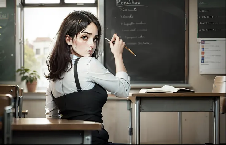 profesora con una tiza en la mano, frente a una pizarra casi de espaldas mirando al frente, Teaching in front of your students in the school classroom