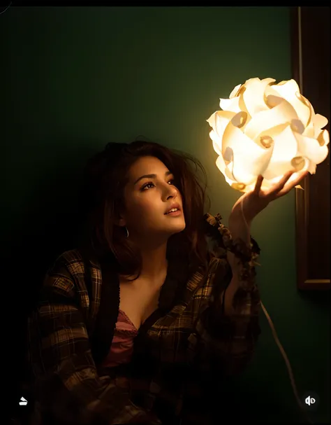 arafed woman holding a lamp in her hand in a dark room, lights with bloom, holding up a night lamp, lights on, emerging from her lamp, light from bottom, melanchonic rose soft light, creative lighting, mood light, warm volumetric lights, lights, fill light...