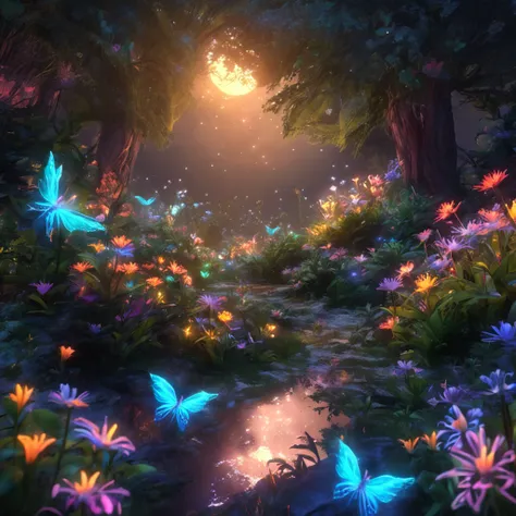 4 small glowing fairies with transparent wings are flying around a night forest landscape with beautiful flowers, bushes, sparkling water, moonlighting (extremely detailed CG unity 16k wallpaper), most beautiful artwork in the world, professional majestic ...