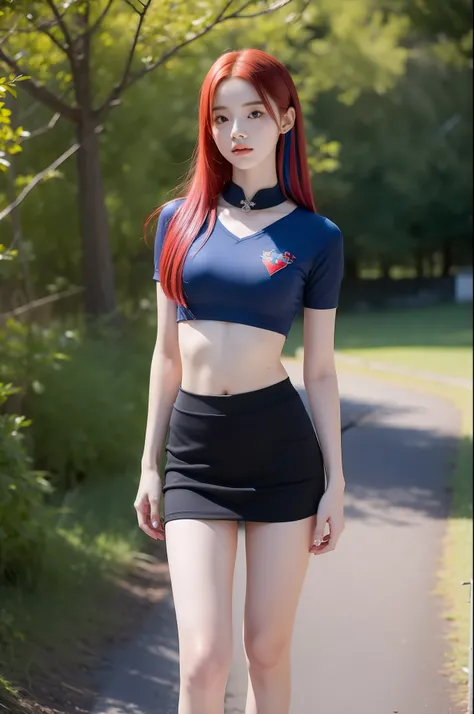 "Full body view of 18 years old Kim Chaewon as a young witch girl with blue red hair. She is standing confidently, with a slight exposure of her midriff and a petite figure. The photo is captured in UHD 4K, exhibiting exquisite details."