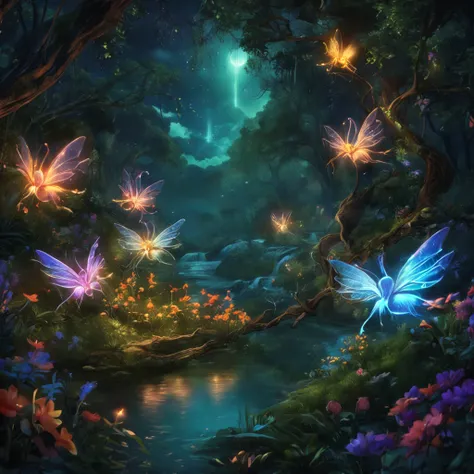 4 small glowing beautiful fairies with transparent wings are flying around a night forest landscape with beautiful flowers, bushes, sparkling water, moonlighting (extremely detailed CG unity 16k wallpaper), most beautiful artwork in the world, professional...