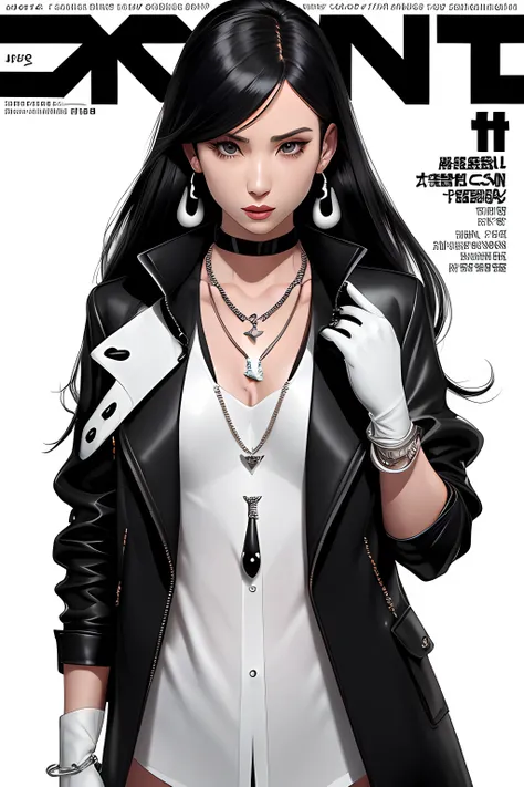 magazine scan,(magazine cover:1.2), cover text, text,( magatama necklace:1.1), wlop, 1girl, black gloves, black open jacket, character request, commentary, earrings, double v, jewelry, long hair, looking down, perfect flowing hair, solo,