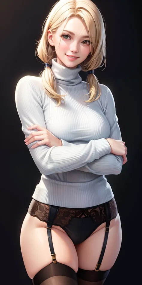 realistic, woman, turtleneck sweater wearing, garter belt wearing, sexy pose, smiling face