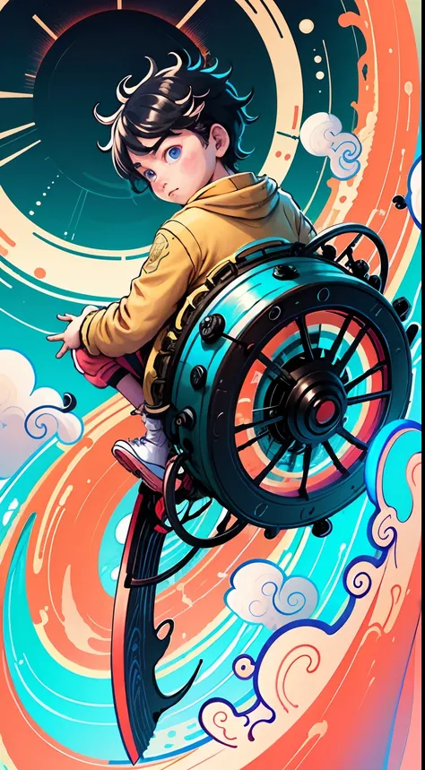 Making of Illustration Poster, Flat illustration, Colorful, Highly saturated, Wheel Guoguan, warm and bright, Colorful, HDTV8K, colored light particles, Heterochromatic, Male child, Upper body, Clear face, By the sea, Moderately wide blue sky, white clouds...