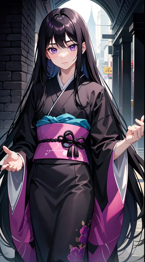 adult man, Long black hair, violet eyes, Thin, black kimono, Masterpiece, hiquality