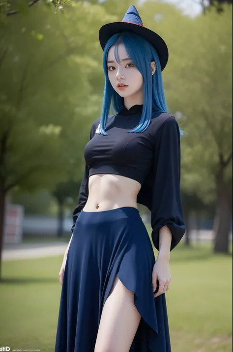 "Full body view of 18 years old Kim Chaewon as a young witch girl with blue red hair. She is standing confidently, with a slight exposure of her midriff and a petite figure. The photo is captured in UHD 4K, exhibiting exquisite details."