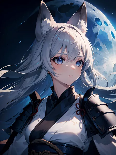 (Masterpiece, Best quality, ultra high resolution, splendid),1girl,fox ears, fox tail,samurai armor, ,beautiful and detailed face, detailed eyes,on a hill, night, moon,((gray and blue theme))