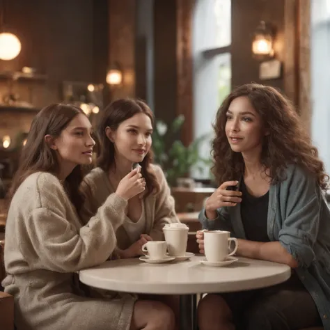 A group of friends gather in a cozy coffee shop. They are in an environment lit by natural light filtered through the curtains. They talk animatedly, each person has a unique style, reflected in their clothes and accessories. 

The décor of the cafeteria i...