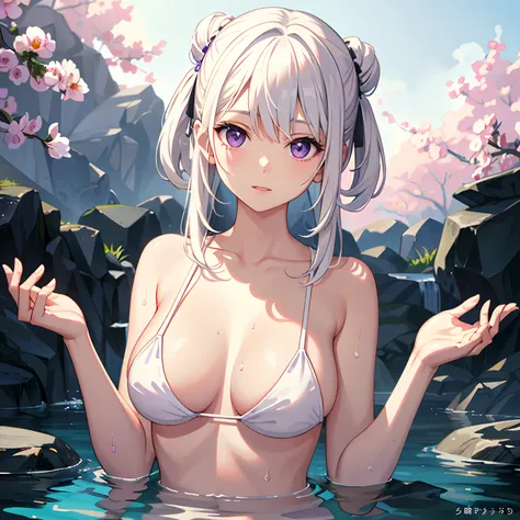 1girl, white colored hair, Purple eye, portraite of a, photorealestic, Towels, (onsen), sidelighting, wallpapers, NSFW,black,large breasts,