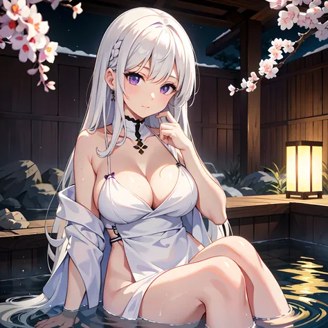 1girl, white colored hair, Purple eye, portraite of a, photorealestic, Towels, (onsen), sidelighting, wallpapers, NSFW,black,large breasts,