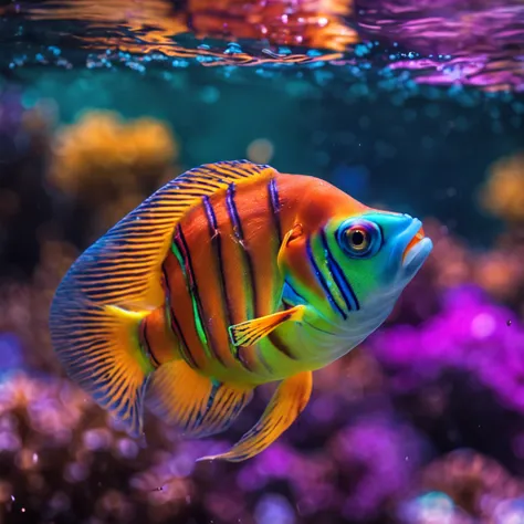 A ultra picture of a colorful fish swiming away from the camera, high reselution, high qaulity, beautiful underwater ligthing, vibrant, Miki Asai Macro photography, close-up, hyper detailed, trending on artstation, sharp focus, studio photo, intricate deta...