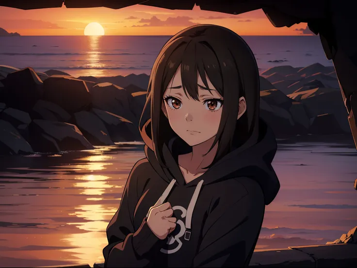 Single anime girl, looking at camera, sad face, sunset in background, upper body, ultra detailed, wearing dark grey hoodie, hood on, character back facing sunset, sad, expressionless dark ambience, brown eyes