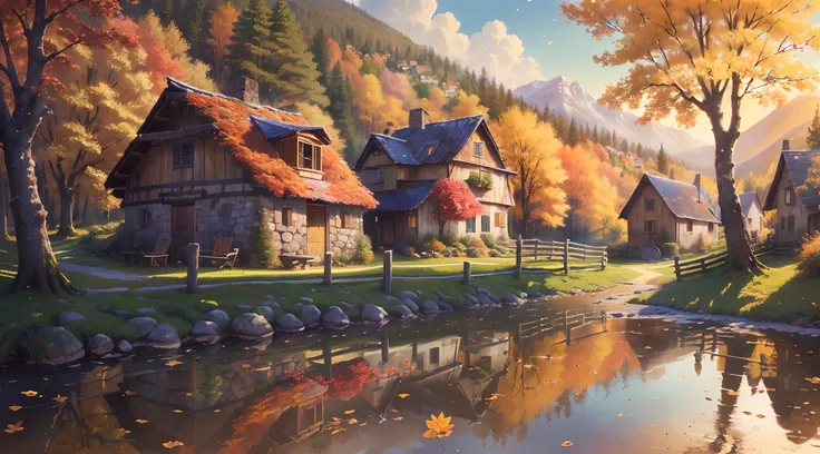 (extremely detailed and high quality), scenic natural landscape, village, rustic charm, (an artist waiting), (detailed landscape), (plein-air), high definition, very colorful environment, calm and serene, beautiful soft light filtering through the trees, a...